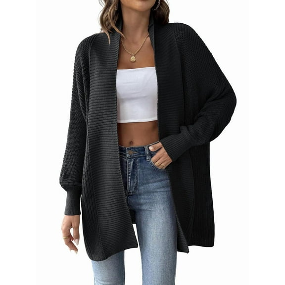 Women'S Fall Winter Solid Color Casual Oversized Long Sleeve Chunky Knit Cardigan Sweater Jacket Black One size