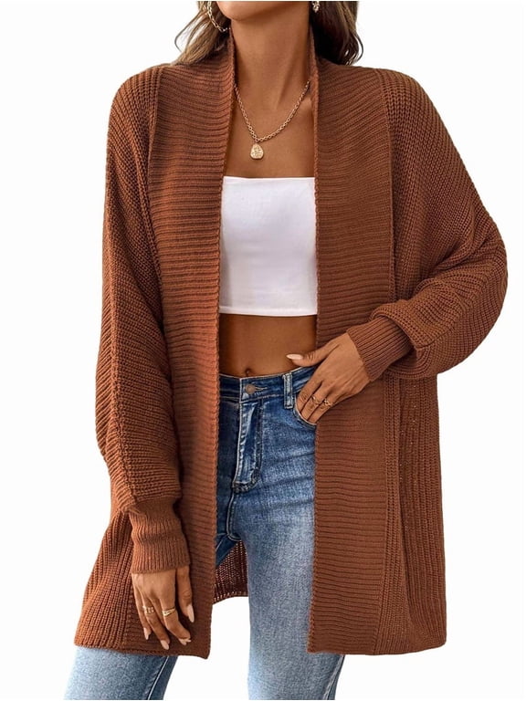 Women'S Fall Winter Solid Color Casual Oversized Long Sleeve Chunky Knit Cardigan Sweater Jacket Brown One size