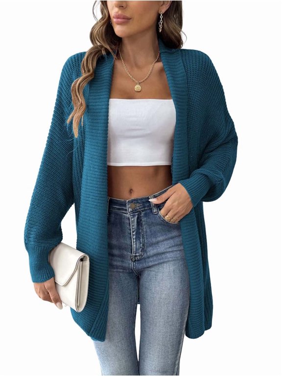 Women'S Fall Winter Solid Color Casual Oversized Long Sleeve Chunky Knit Cardigan Sweater Jacket Peacock Blue One size