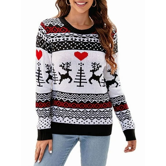 Women'S Fall Winter Xmas Top Long Sleeve Round Neck Knitted Sweater Chunky Casual Pullover Top White XL