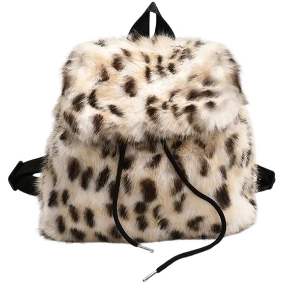 Women'S Fashion Backpack Leopard Print Casual Schoolbag Cute & Small Daypack Plush Shoulder Bag Soft Fleece Knapsack For Laydies & Teenagers