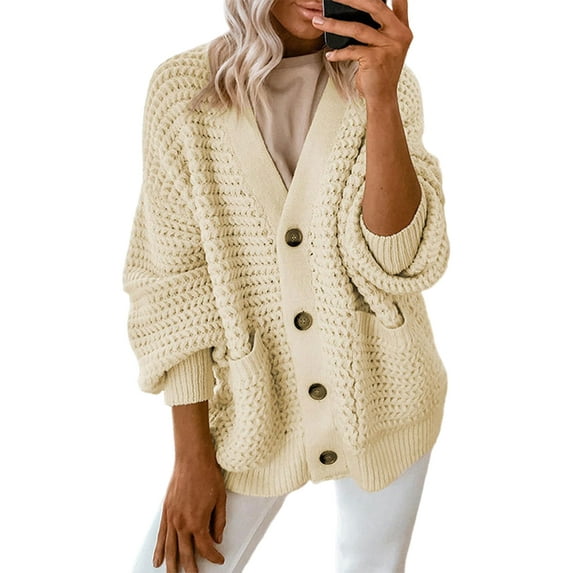 Women'S -Fashion Casual Open Front V Neck Long Sleeve Chunky Knit Cardigan Sweaters Outerwear Coats Apricot XL