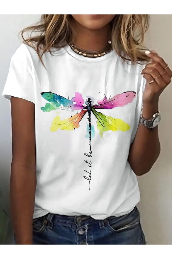 Women'S Fashion Casual White Tee, Dragonfly Art With Inspirational Quote, Short-Sleeved Round Neck T-Shirt, Summer Style