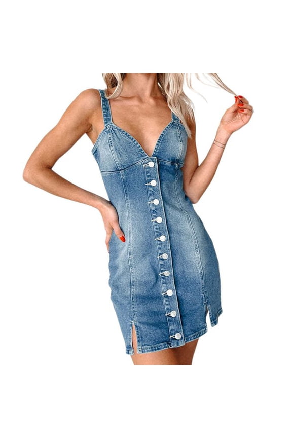 Women'S Fashion Denim Dress With Deep V Neck And Button Down Design For Stylish Comfort
