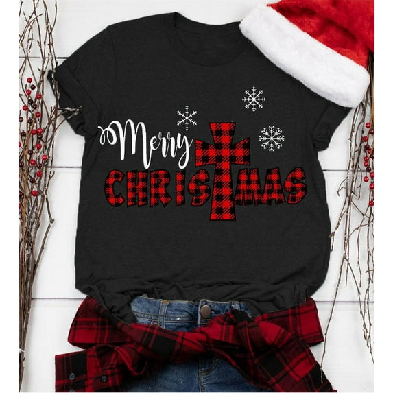 Women'S Fashion Short Sleeve Buffalo Plaid Christmas Print T-Shirts
