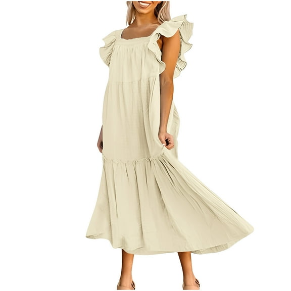 Women's Fashion Summer Sleeveless Square Collar Pleated Hem Dresses,2025 Spring Summer Dress Off Shoulder Style Elegant Ruffle Hemline Skirt Mini Dresses
