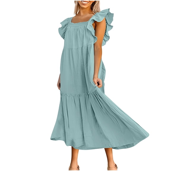 Women's Fashion Summer Sleeveless Square Collar Pleated Hem Dresses,2025 Spring Summer Dress Off Shoulder Style Elegant Ruffle Hemline Skirt Mini Dresses