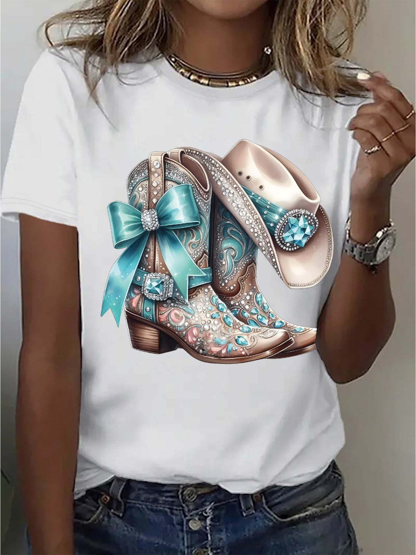Boot Graphic Round Neck Short Sleeve T-Shirt