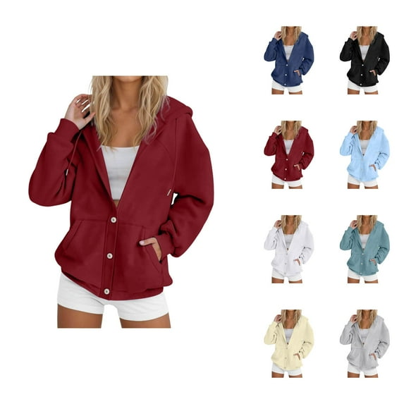 Women'S Fashion Women's Solid Color Sweatshirt Women's Zip Up Hoodie Casual Button Front Jacket Soft Warm Winter Outerwear Cozy Pullover Sweatshirt For Everyday Wear