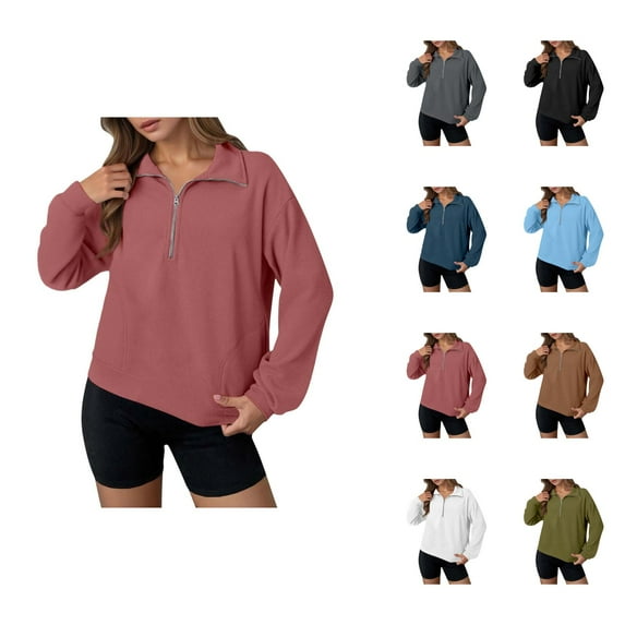 Women'S Fashion Women's Solid Color Sweatshirt Women's Zip Up Sweatshirt Casual Long Sleeve Pullover Tops Stand Collar Loose Fit Basic Solid Color Outerwear For Daily Wear Fall Fashion