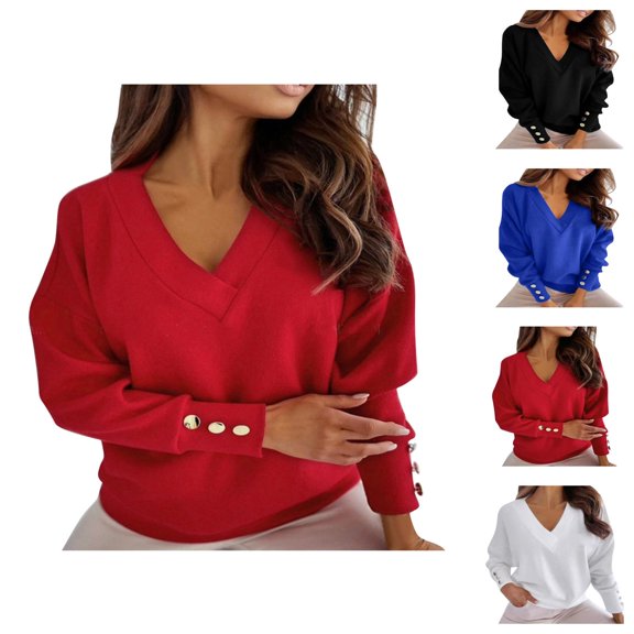 Women'S Fashion Women's Solid Sweatshirt Ladies Casual Loose Solid Color Buttons V-neck Long-Sleeved Sweater Women