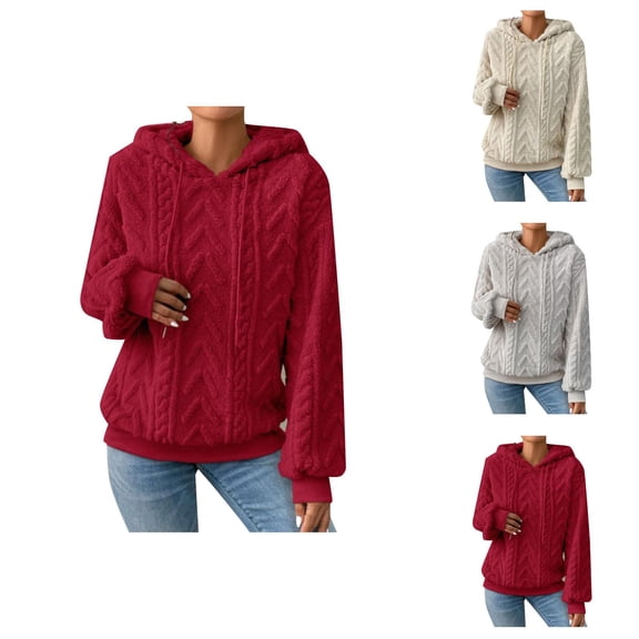 Women'S Fashion Women's Solid Sweatshirt Ladies Drop Shoulder Drawstring Hooded Teddy Long Sleeve Casual Sweater Pullover