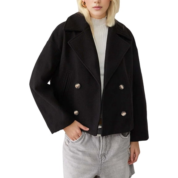 Women'S Fashionable Commuting Collar Double Row Buckle Short Woolen Loose Coat Black XS