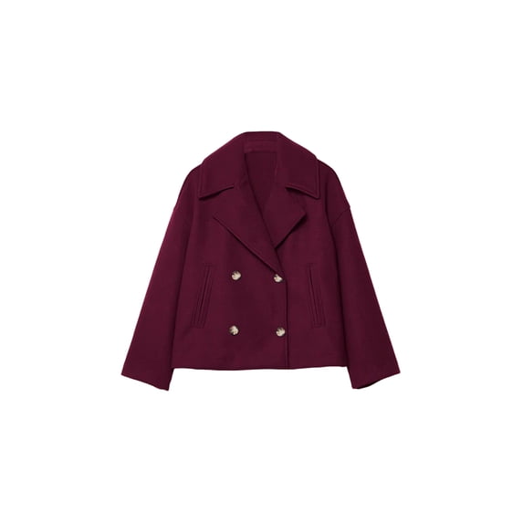 Women'S Fashionable Commuting Collar Double Row Buckle Short Woolen Loose Coat Rose Red XXXL