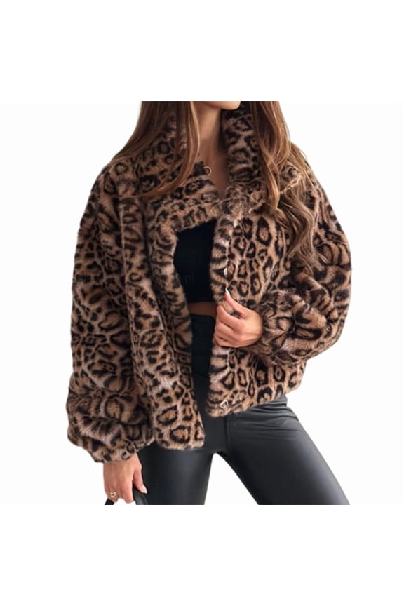 Women'S Fashionable Temperament Autumn and Winter Long-Sleeved Lapel Short Fur Leopard Print Coat L