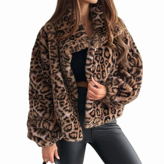 Women'S Fashionable Temperament Autumn and Winter Long-Sleeved Lapel Short Fur Leopard Print Coat Leopard Print XL