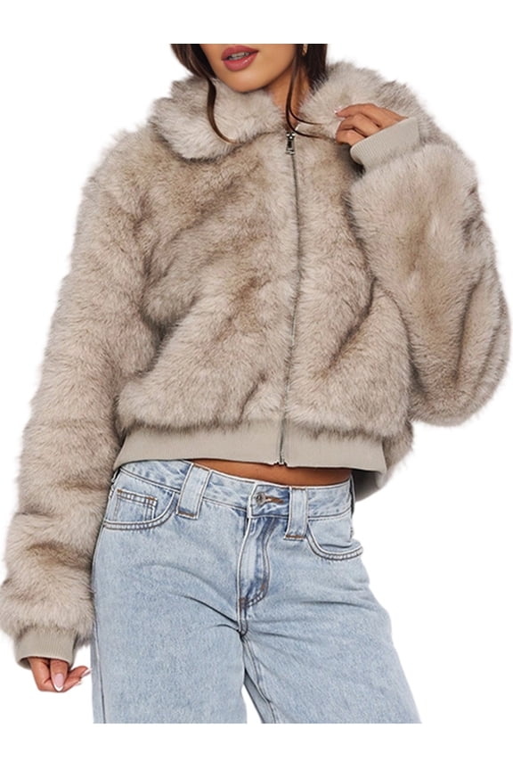 Women'S Faux Fur Coat Faux Fur Jacket Long Sleeve Lapel Furry Winter Jackets Parka Short Coat Light Apricot M