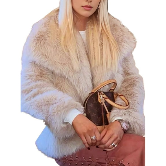 Women'S Faux Fur Coat Faux Fur Jacket Long Sleeve Lapel Winter Jackets Parka Short Coat Apricot Color XXL