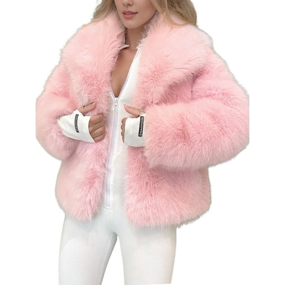 Women'S Faux Fur Coat Faux Fur Jacket Long Sleeve Lapel Winter Jackets Parka Short Coat Pink L