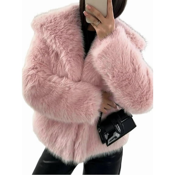 Women'S Faux Fur Coat Faux Fur Jacket Long Sleeve Lapel Winter Jackets Parka Short Coat Pink L