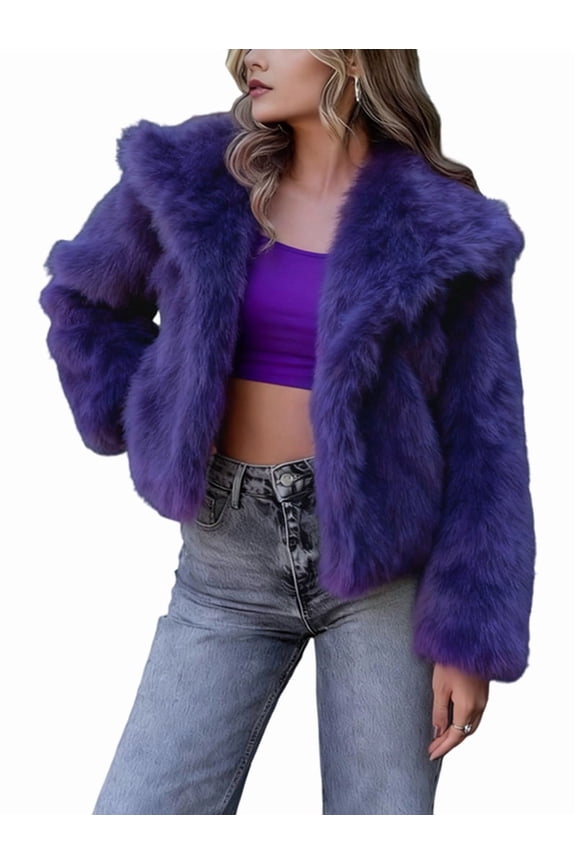 Women'S Faux Fur Coat Faux Fur Jacket Long Sleeve Lapel Winter Jackets Parka Short Coat Purple L