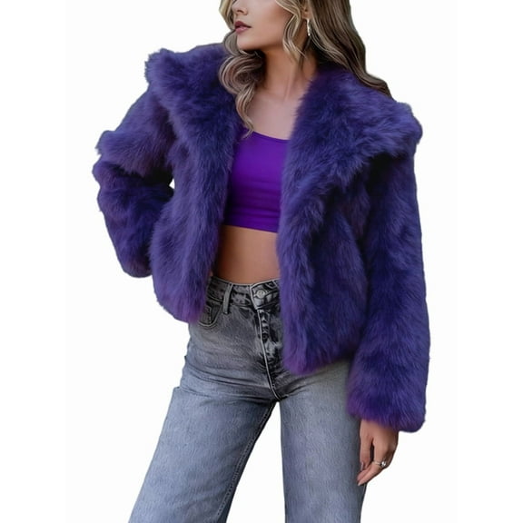 Women'S Faux Fur Coat Faux Fur Jacket Long Sleeve Lapel Winter Jackets Parka Short Coat Purple M