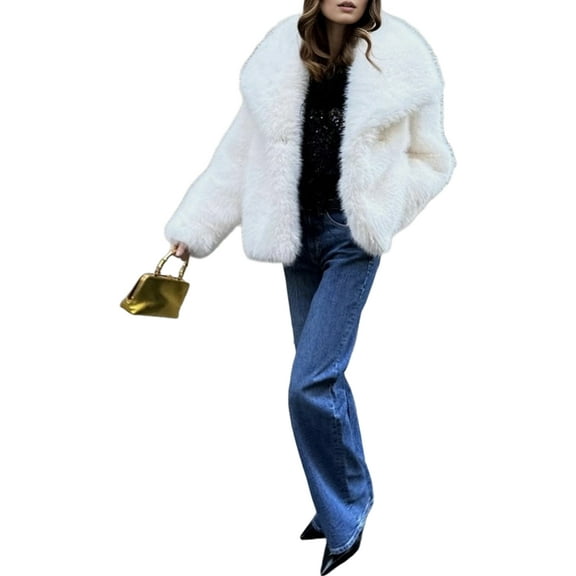 Women'S Faux Fur Coat Faux Fur Jacket Long Sleeve Lapel Winter Jackets Parka Short Coat White L