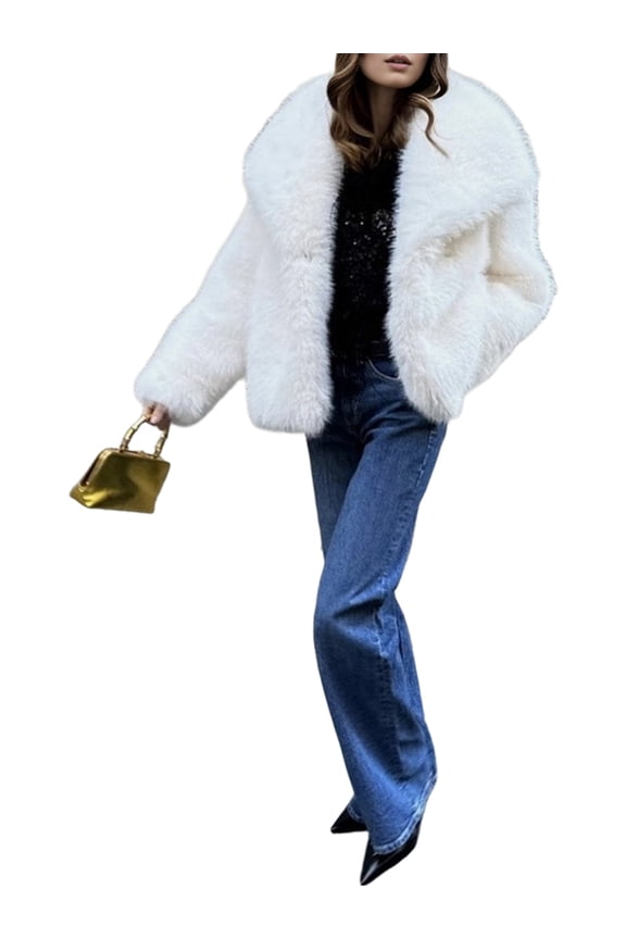 Women'S Faux Fur Coat Faux Fur Jacket Long Sleeve Lapel Winter Jackets Parka Short Coat White L