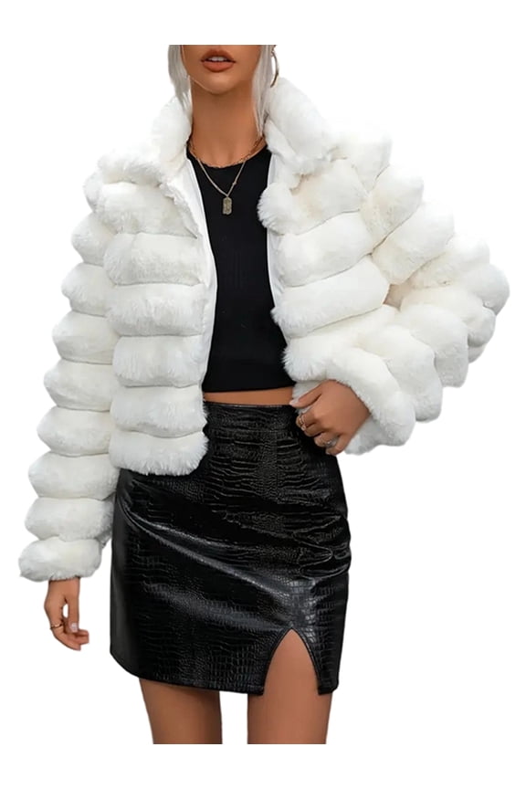 Women'S Faux Fur Jacket Short Puffy Long Sleeve Coat Winter Warm Furry Coat White XXL