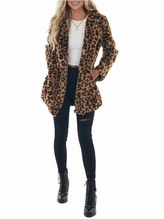 Women'S Faux Fur Jackets Autumn Winter Leopard Lapel Long Sleeves Coats Loose Fur Coat with Pockets Brown XXL