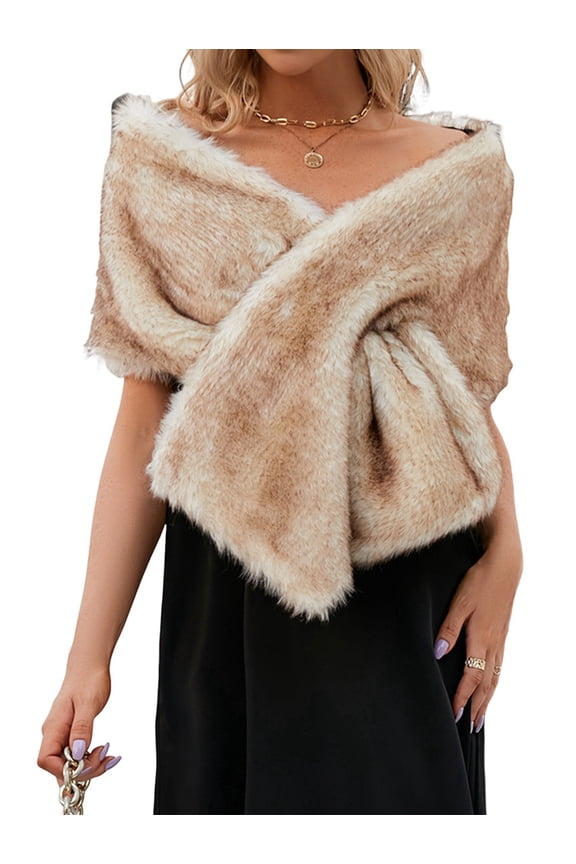 Women'S Faux Fur Shawl Wrap Cape Artificial Wool Beige One Size