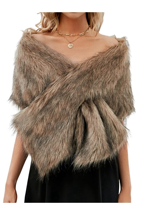 Women'S Faux Fur Shawl Wrap Cape Artificial Wool Brown One Size