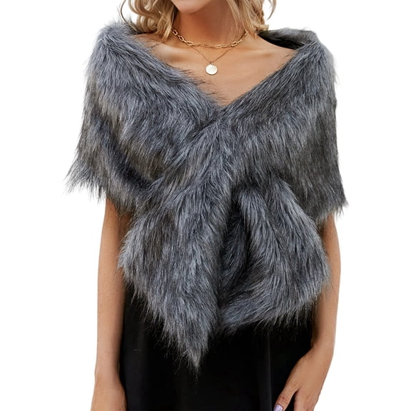 Women'S Faux Fur Shawl Wrap Cape Artificial Wool White Gray One Size