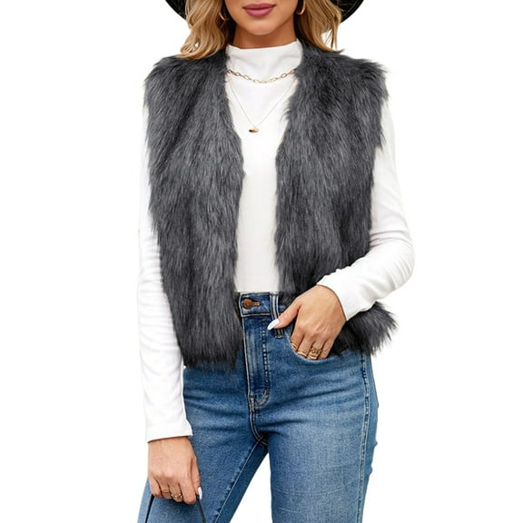 Women'S Faux Fur Waistcoat Vest Fuzzy Sleeveless Open Front Outwear Winter Warm Short Fluzzy Vest Jacket Coat Gray S