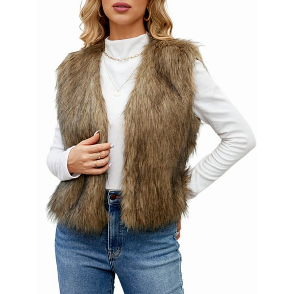 Women'S Faux Fur Waistcoat Vest Fuzzy Sleeveless Open Front Outwear Winter Warm Short Fluzzy Vest Jacket Coat Yellow M