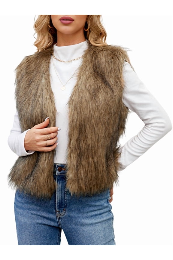 Women'S Faux Fur Waistcoat Vest Fuzzy Sleeveless Open Front Outwear Winter Warm Short Fluzzy Vest Jacket Coat Yellow S