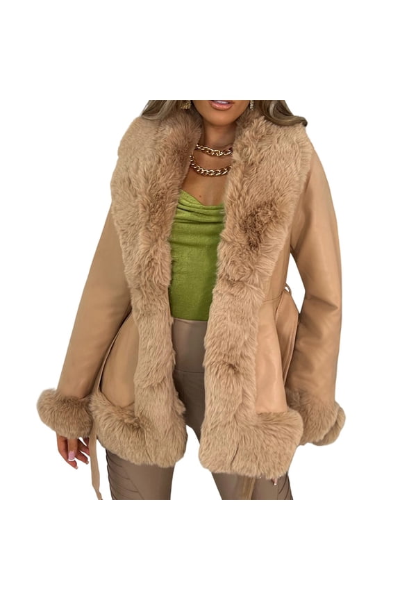 Women'S Faux Leather Jacket with Faux Fur Collar, Winter Long Sleeve Furry Trim Peplum Parka Coat with Belt Brown L
