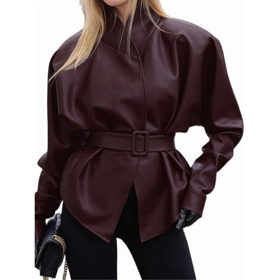 Women'S Faux Leather Jacket with Stand-Up Collar and Belted Waist Wine Red S