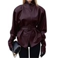 thumbnail image 1 of Women'S Faux Leather Jacket with Stand-Up Collar and Belted Waist Wine Red S, 1 of 10
