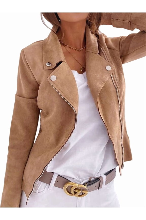 Women'S Faux Leather Jackets Suede Spring Trendy Outfits 2025 Fall Zip Up Cropped Moto Jakcet Outerwear Khaki L