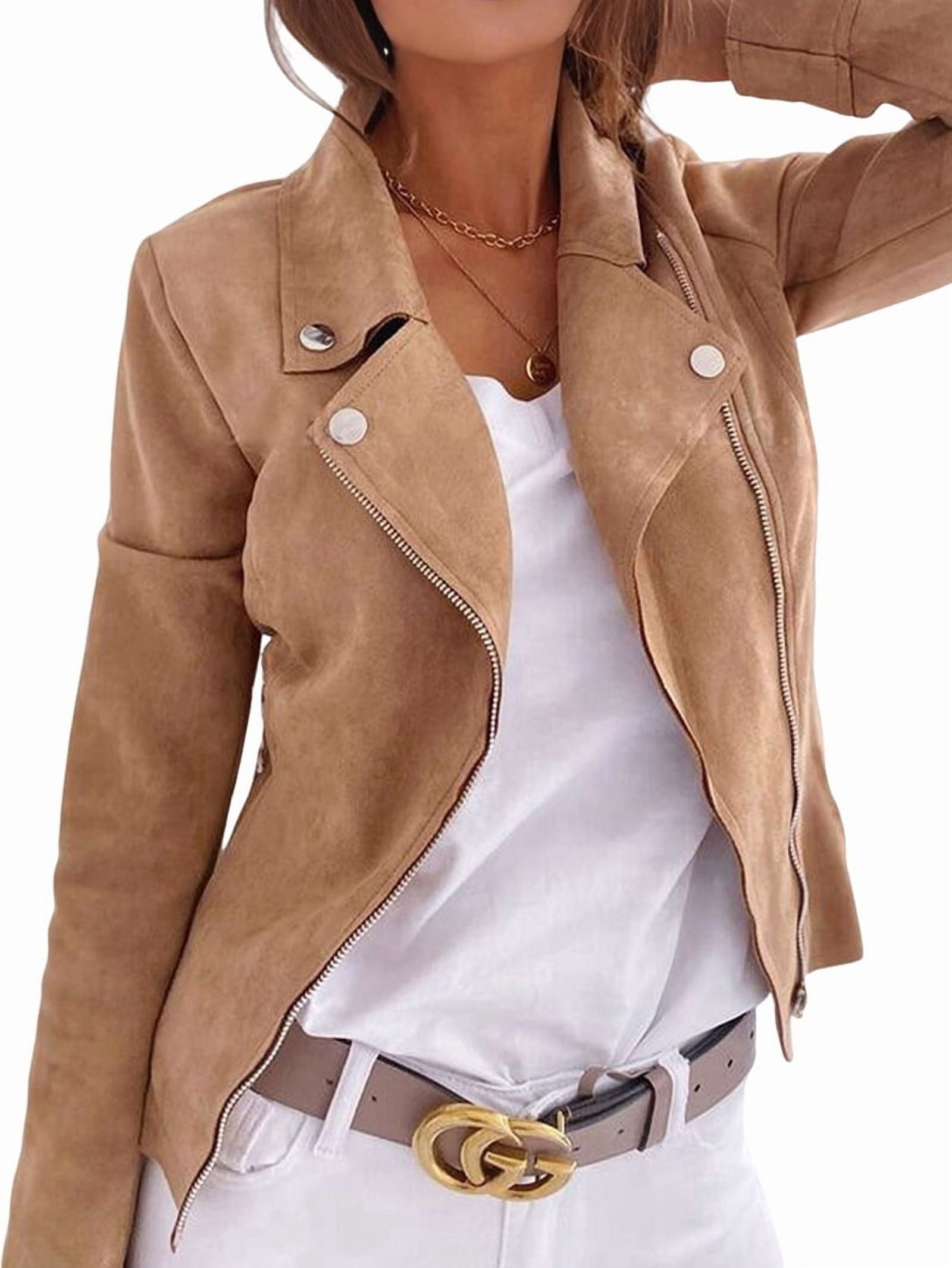 Women'S Faux Leather Jackets Suede Spring Trendy Outfits 2025 Fall Zip Up Cropped Moto Jakcet Outerwear Khaki S