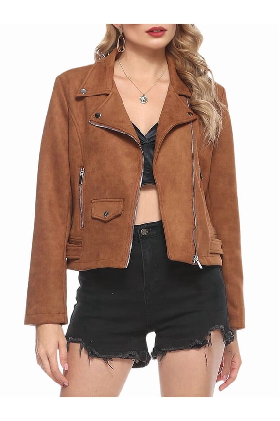 Women'S Faux Leather Moto Biker Short Coat Jacket Brown XS