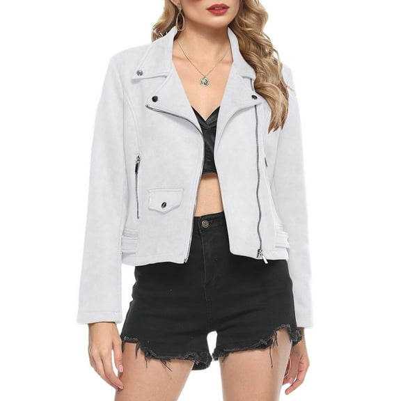 Women'S Faux Leather Moto Biker Short Coat Jacket White XL