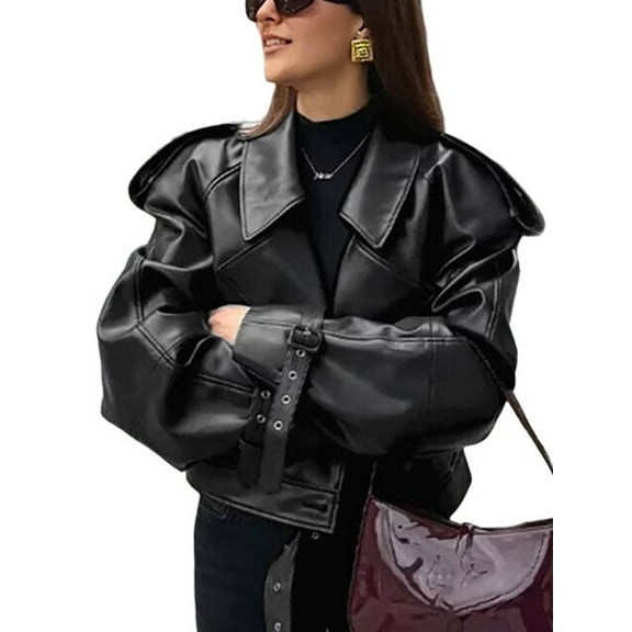Women'S Faux Leather Motorcycle Jacket Trendy Fall Spring Clothes Zip Up Winter Coat Outerwear Black M