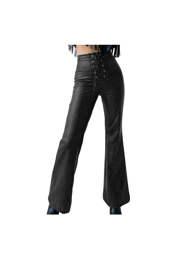 Women'S Faux Leather Pants High Waisted Flare Straight Leg Leggings Drawstring Leather Pants Trousers With Pockets
