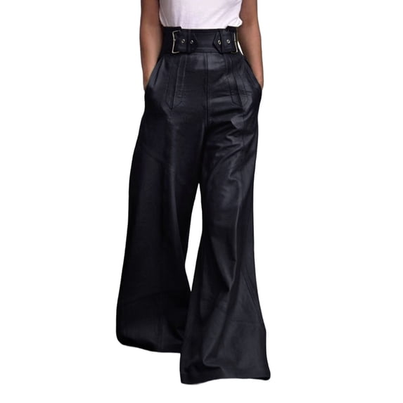 Women'S Faux Leather Pants PU High Waist Wide Leg Pants with Pockets Pleated Going Out Trousers Black XXL