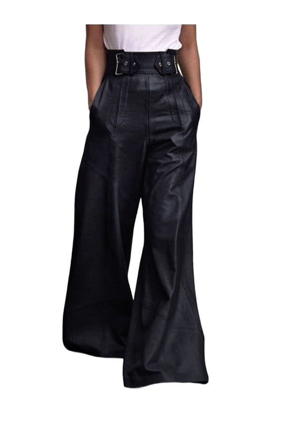 Women'S Faux Leather Pants PU High Waist Wide Leg Pants with Pockets Pleated Going Out Trousers Black XXL