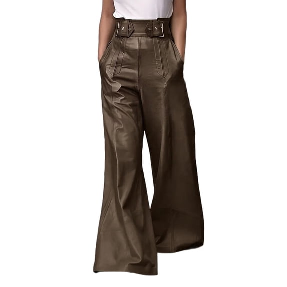 Women'S Faux Leather Pants PU High Waist Wide Leg Pants with Pockets Pleated Going Out Trousers Dark Brown S