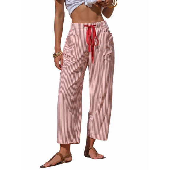 Women'S Faux Linen Striped Pants Drawstring Pant with Pockets Summer Beach Lounge Trousers Red XXL