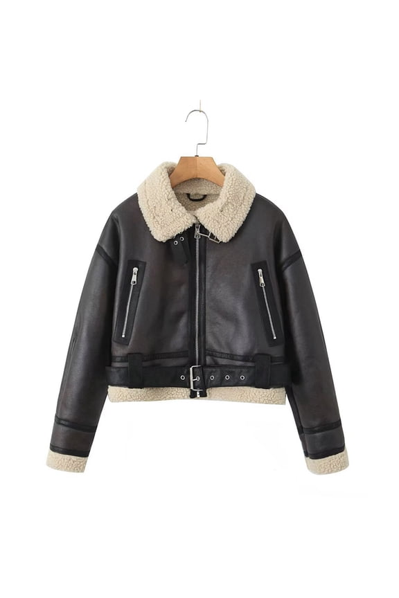 Women'S Faux Shearing Moto Jacket Thick Lined Parka Winter Shearling Coat Leather Jacket 2466 Coffee Brown M